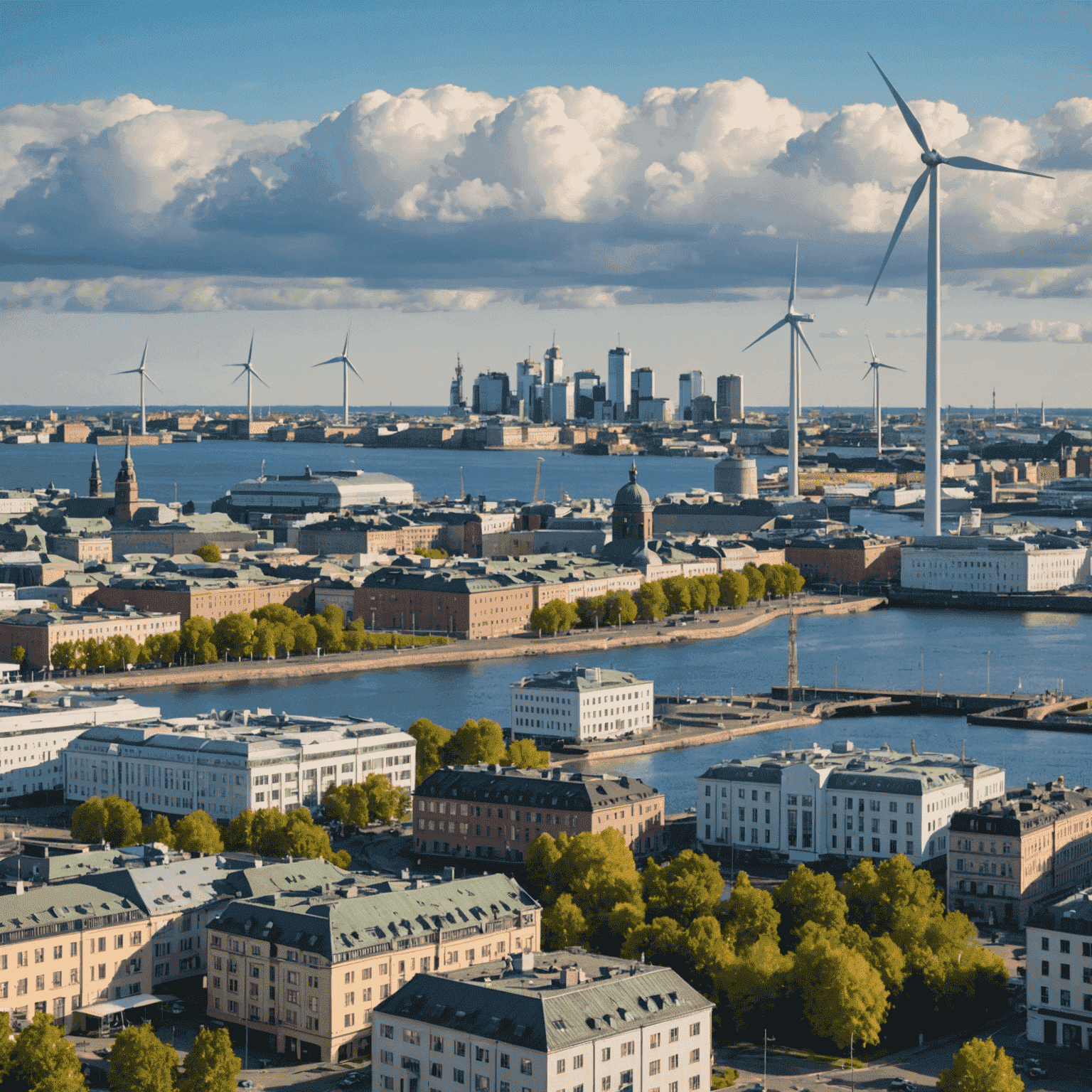 A panoramic view of Helsinki's skyline with modern eco-friendly buildings and wind turbines in the background, symbolizing Finland's commitment to green technology