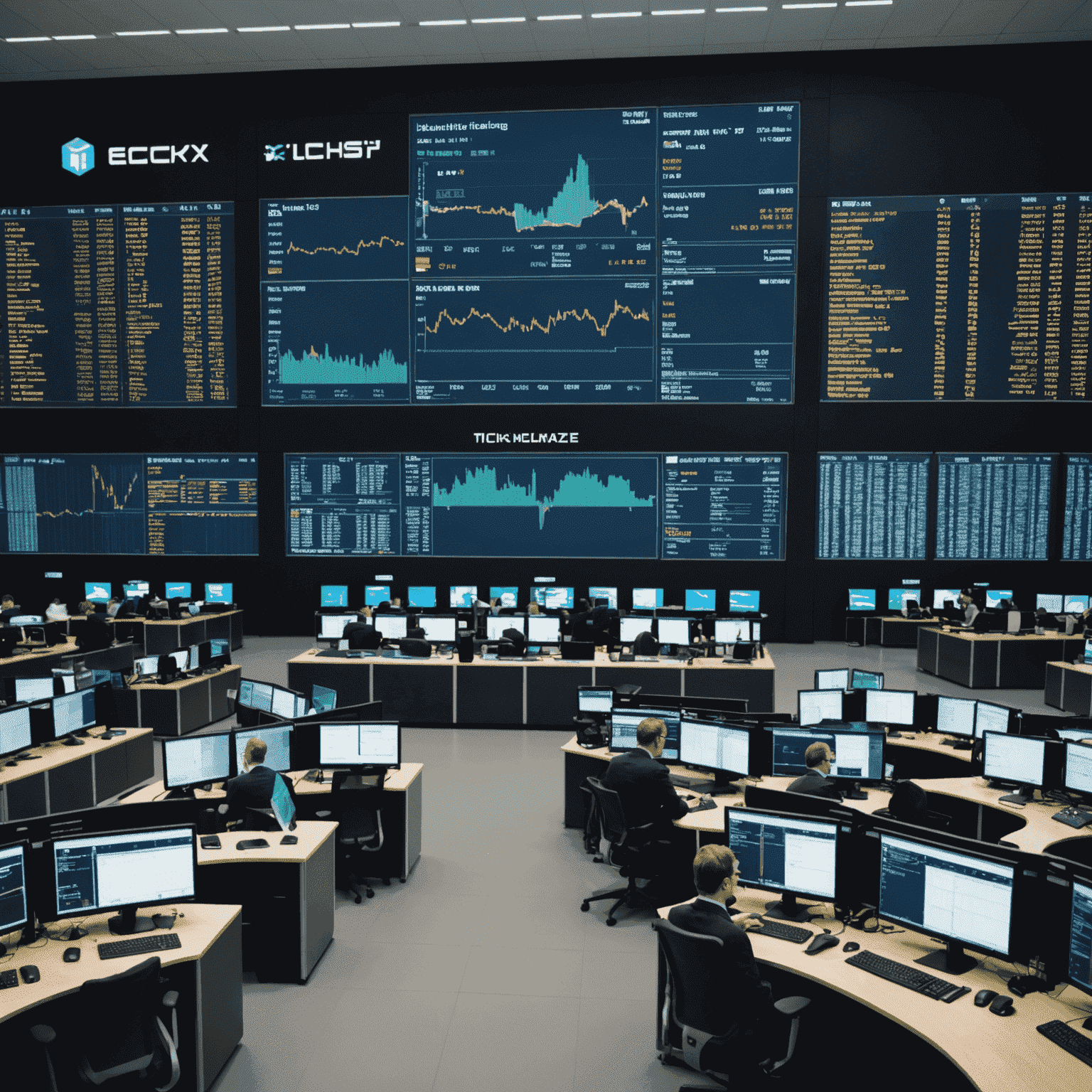 Helsinki Stock Exchange trading floor with digital displays showing market data and traders working at computer terminals