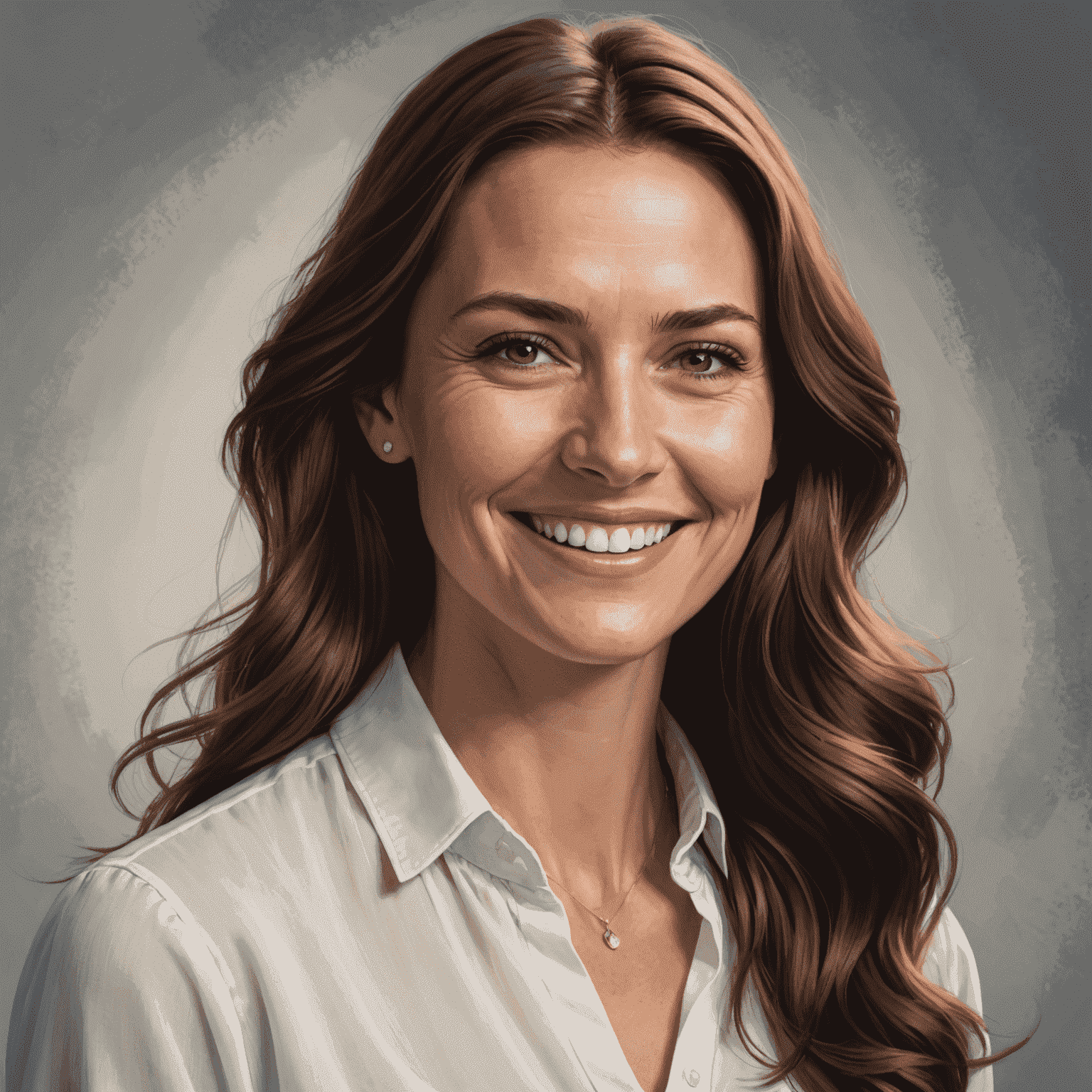 Portrait of Maria Lindholm, a woman in her 30s with long brown hair, wearing a white blouse, smiling confidently