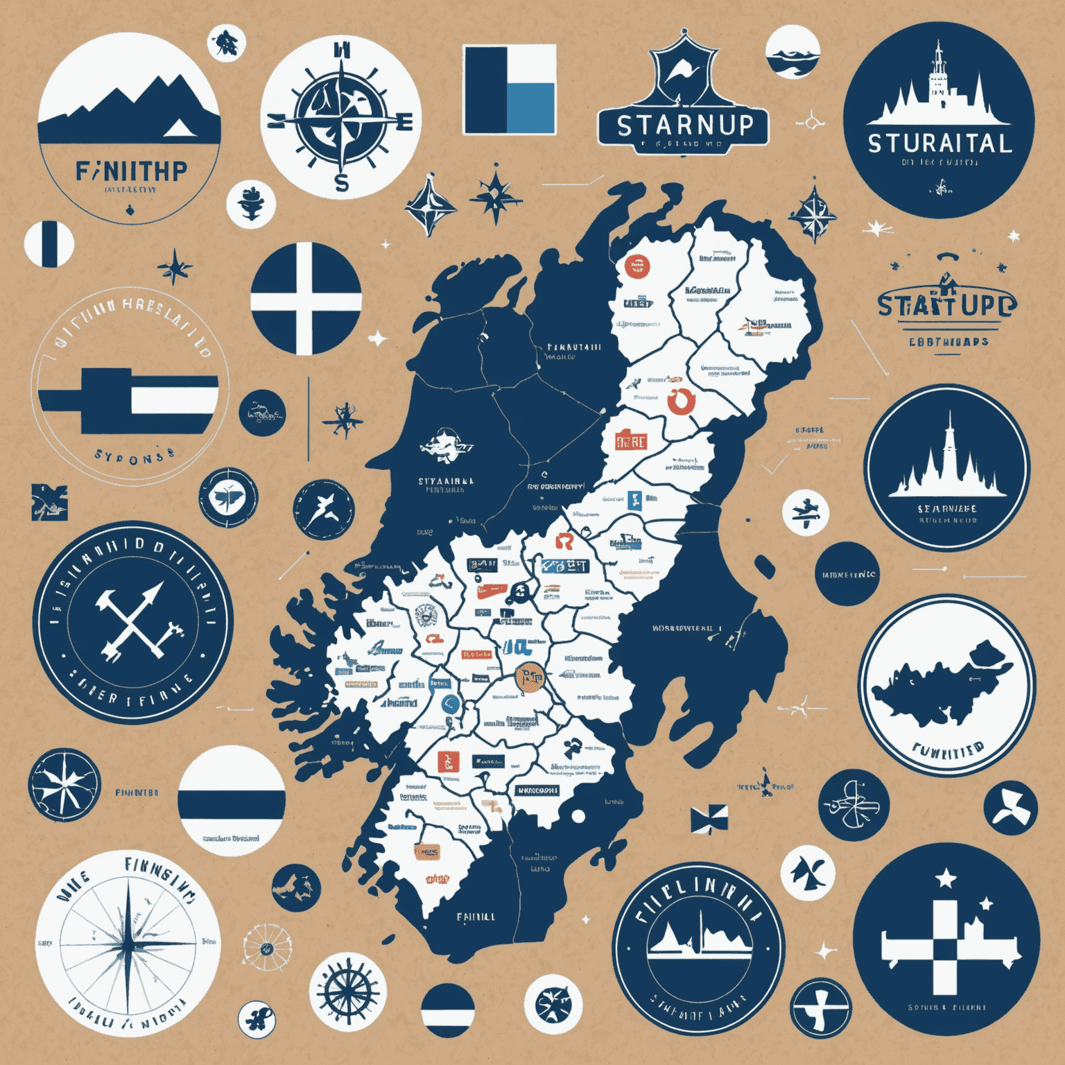 Collage of Finnish startup logos and a map showing startup hubs in Finland