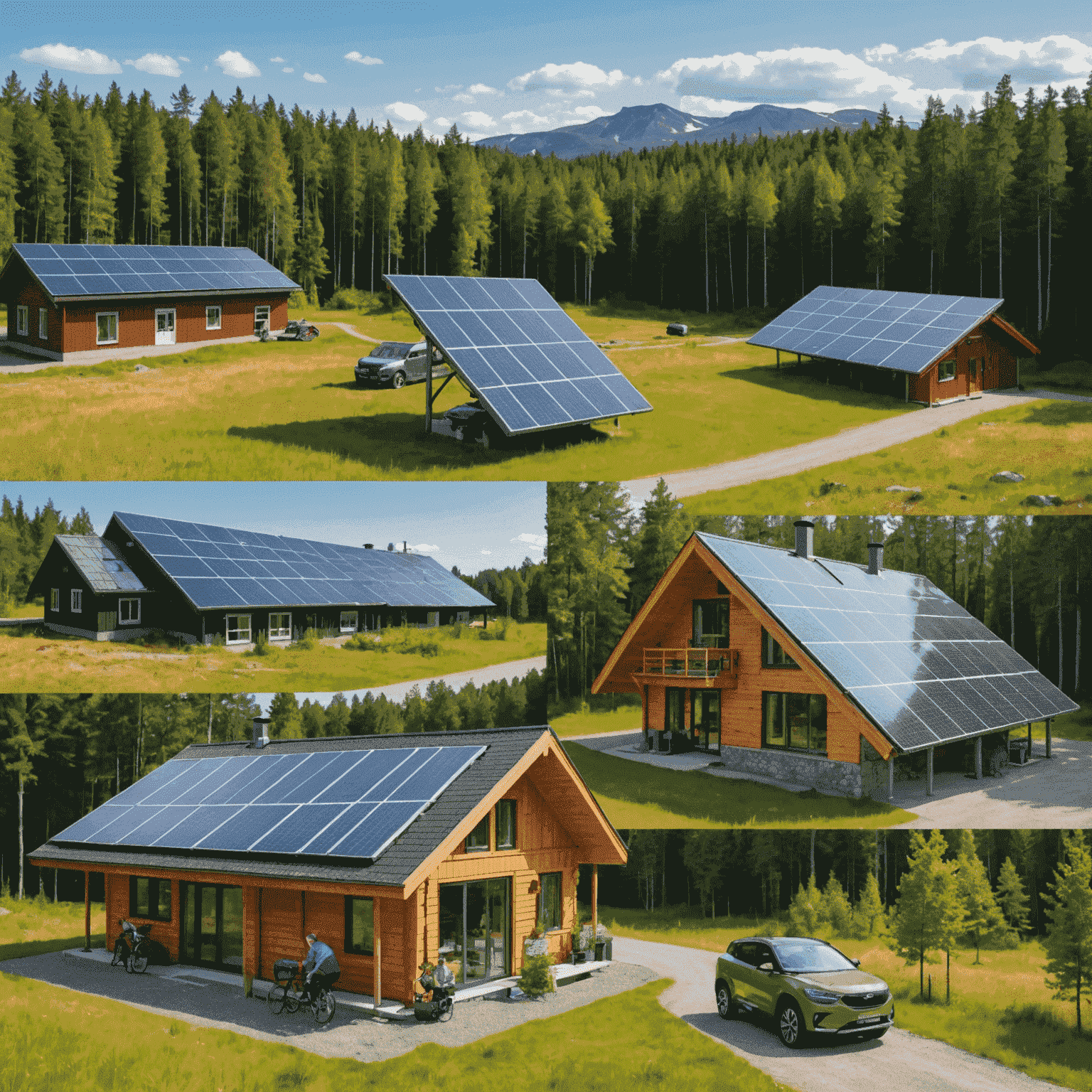 A collage showing various Finnish green technologies: solar panels, electric vehicles, sustainable forestry practices, and energy-efficient buildings