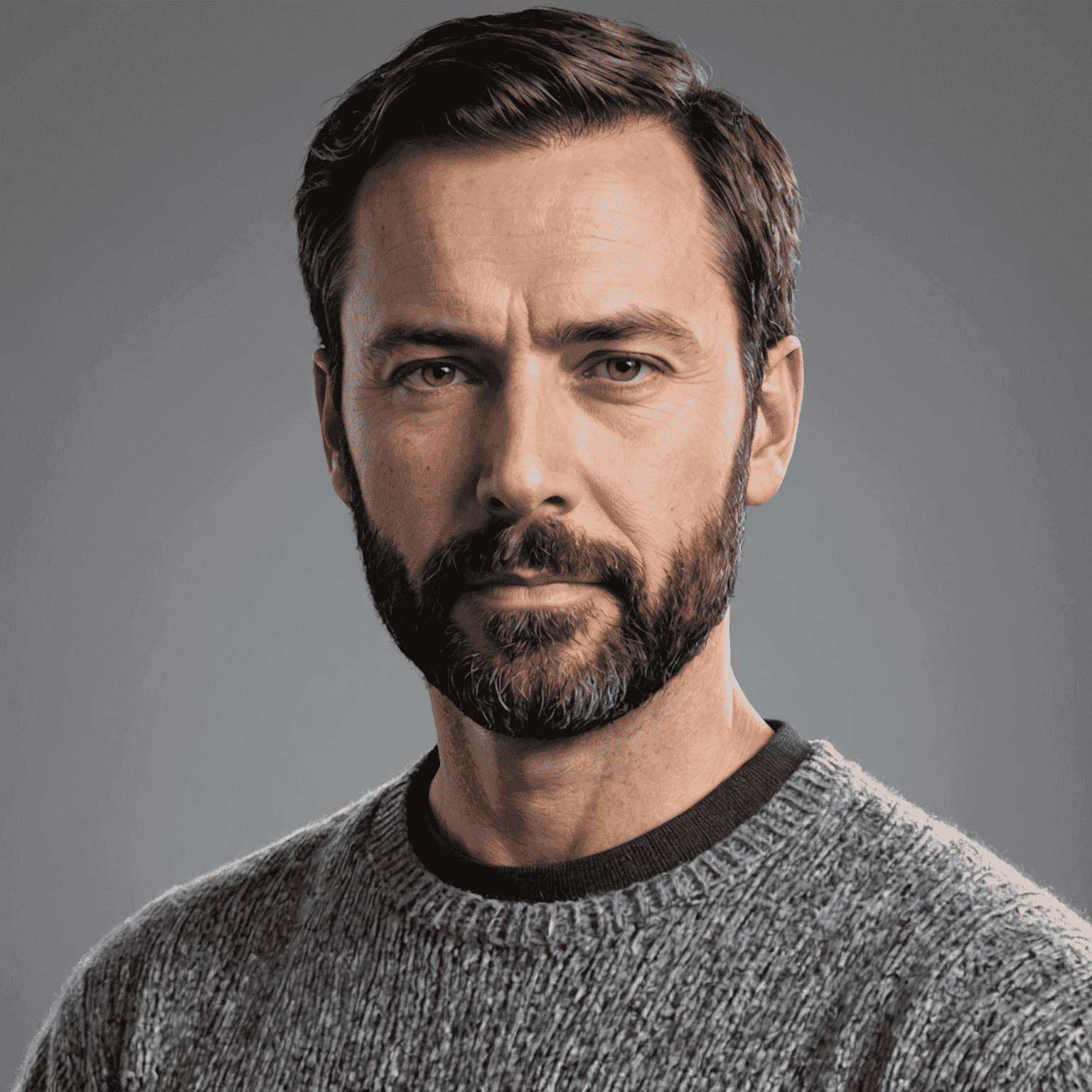 Portrait of Antti Korhonen, a man in his 40s with short black hair and a beard, wearing a grey sweater, looking approachable and knowledgeable