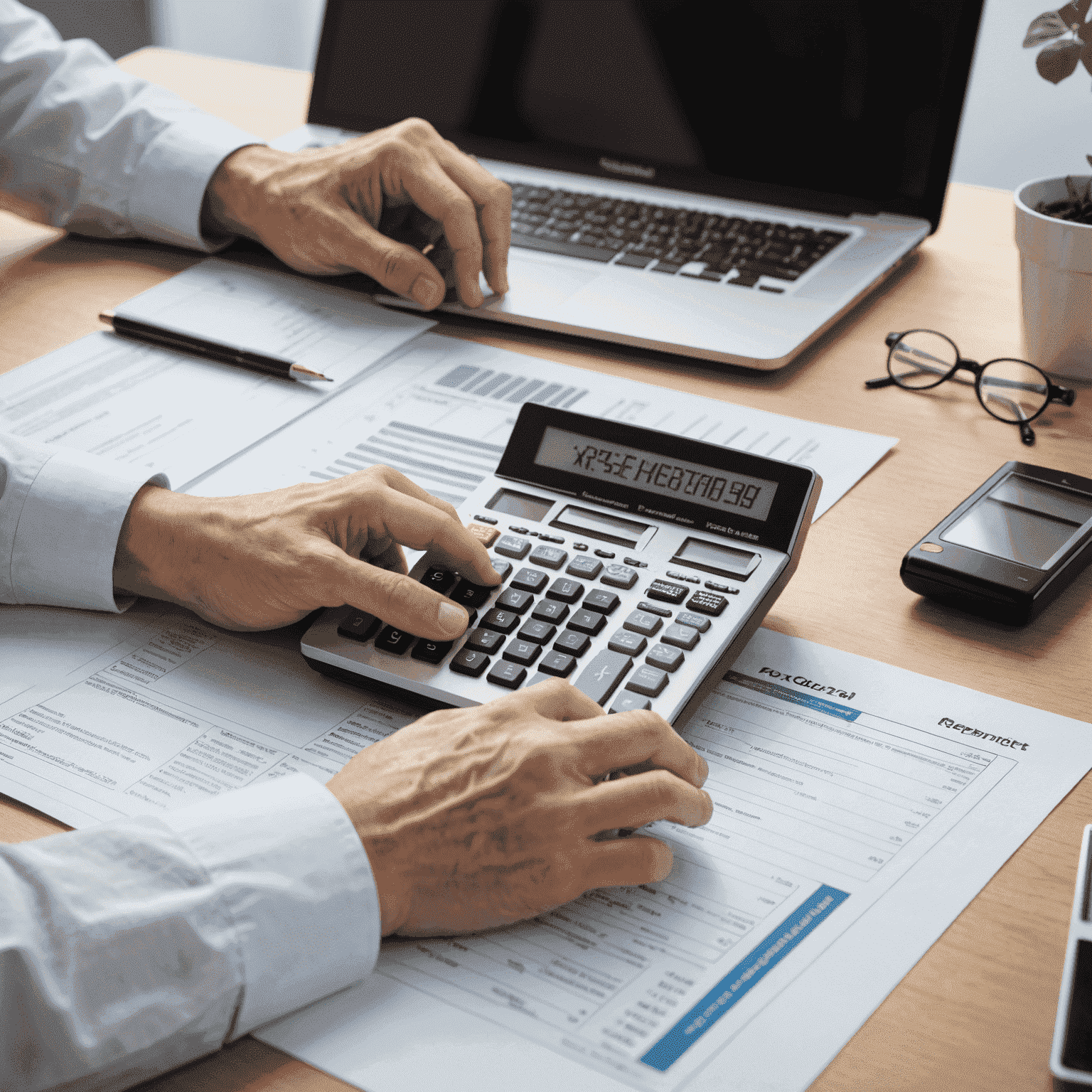 A person working on Finnish tax forms with a computer and calculator, symbolizing the process of tax reporting for foreign investors